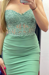 Mint Green Strapless Appliques Mermaid Satin Long Prom Dress